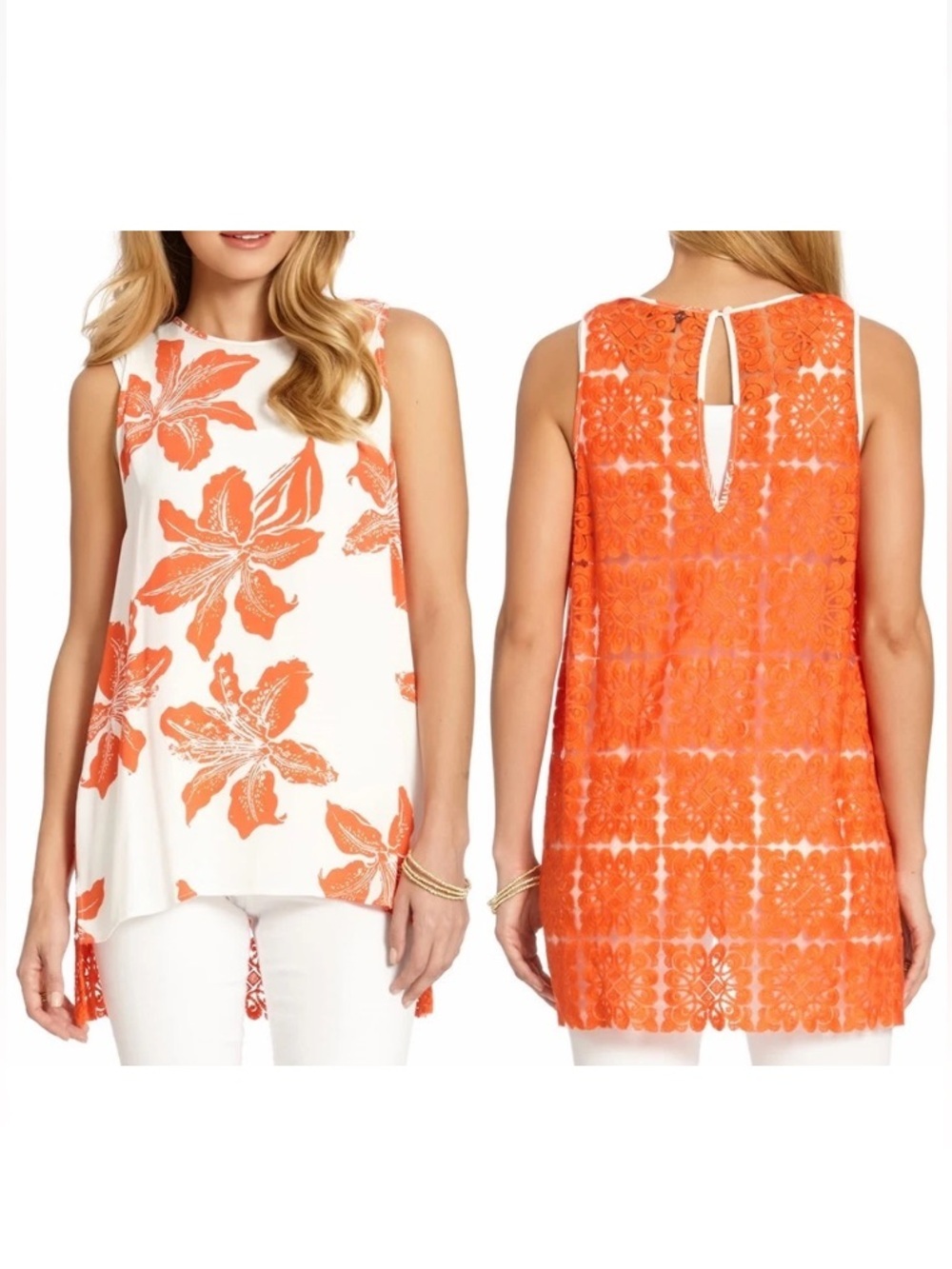 Karen Kane White & Orange Floral Lace-Back Tank